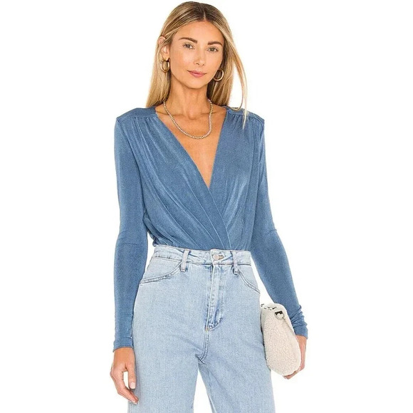 Free People Intimately Turnt Bodysuit Slate Blue Small V Neck Wrap Long Sleeve - Picture 1 of 10